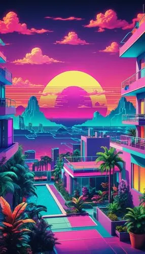 futuristic landscape,paradisus,colorful city,80's design,aesthetic,tropicana,Conceptual Art,Sci-Fi,Sci-Fi 28