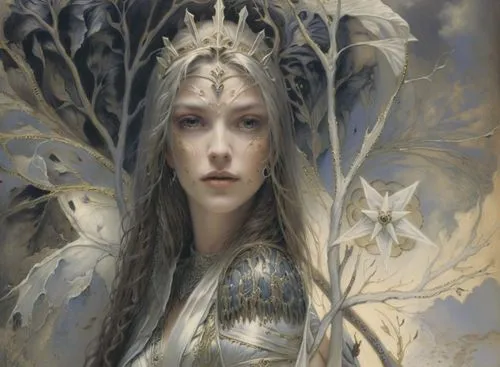 a woman wearing white holds a large sword and a hammer,sigyn,thorhild,elenore,galadriel,elendil,frigga,Illustration,Realistic Fantasy,Realistic Fantasy 03