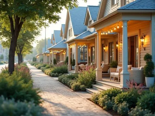 townhomes,bungalows,kleinburg,front porch,palo alto,cottages,row of houses,zionsville,townhouses,vineyard road,cedarburg,suburbia,sidewalk,aurora village,yountville,nantucket,driveways,suburban,driveway,streetscape,Photography,General,Realistic