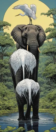 Back of an elephant with an egret on top,cartoon elephants,tanzania,elephant herd,african elephants,elephantine,elephants,botswana,white storks,african bush elephant,african elephant,democratic republ