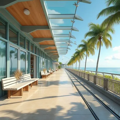 Seaside tram station, modern architecture, glass roof, steel beams, wooden accents, beach-inspired interior design, sandy color scheme, seashell-shaped benches, ocean-blue walls, driftwood decorations