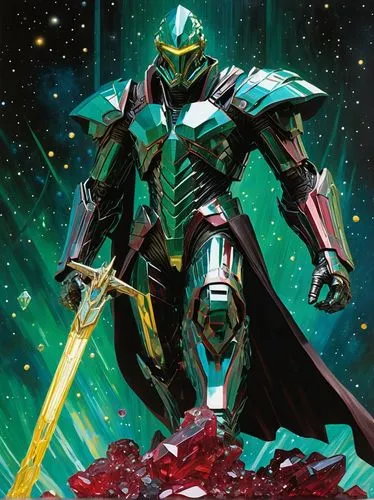 an amazing cybernetic warrior in the middle of the galaxy, a kind of space hero drifting in the open space, (sci fi, fantasy), detailed, complex, sophisticated, crystals, rubies, emeralds ((sculpture 