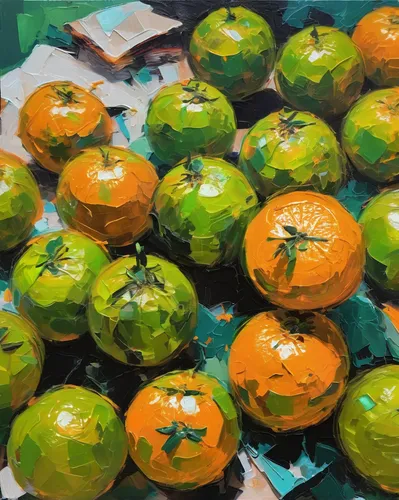 green oranges,asian green oranges,tangerines,oranges,persimmons,striped pumpkins,mandarin oranges,mandarins,tangerine fruits,half of the oranges,watermelon painting,pumpkins,minneola,decorative pumpkins,clementines,green tangerine,mini pumpkins,orange fruit,oranges half,green apples,Conceptual Art,Oil color,Oil Color 21