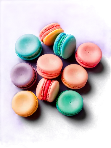 Delicate macaron, assorted flavors, colorful shells, smooth filling, delicate shape, round top, ridged edge, soft focus, pastel colors, shallow depth of field, warm lighting, overhead view, minimalist