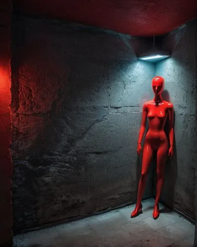 zentai,a wax dummy,suspiria,neon body painting,basement,cellar,artist's mannequin,redlight,creepy doorway,antechamber,red paint,crypt,elektra,red light,red wall,waxwork,catacomb,escultura,waxworks,red lantern,Illustration,Realistic Fantasy,Realistic Fantasy 17