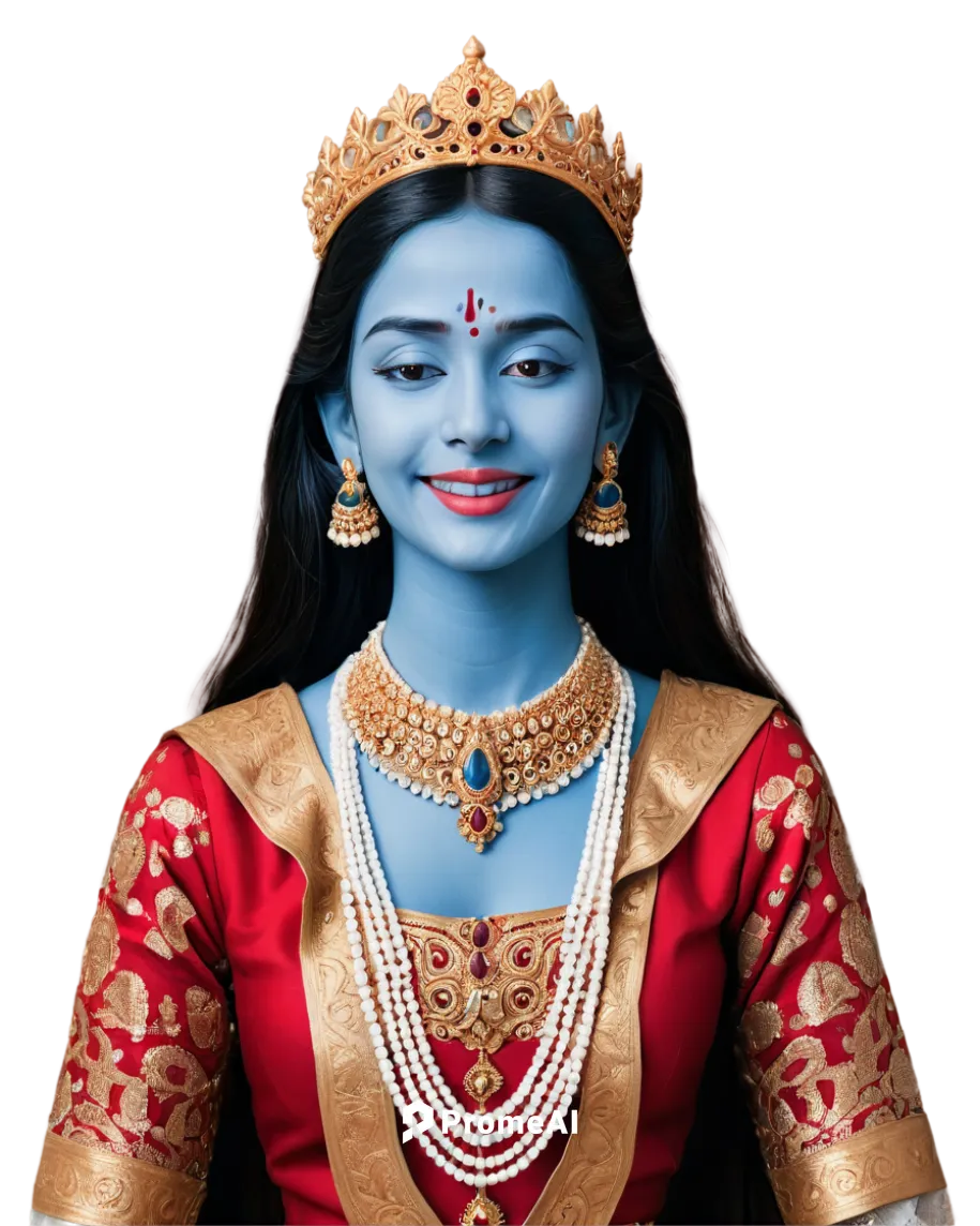 Hindu god, Lord Vishnu, blue-skinned, four arms, golden crown, white pearls necklace, red gemstone earring, intricately carved wooden throne, ornate fabric draped behind, gentle smile, benevolent gaze