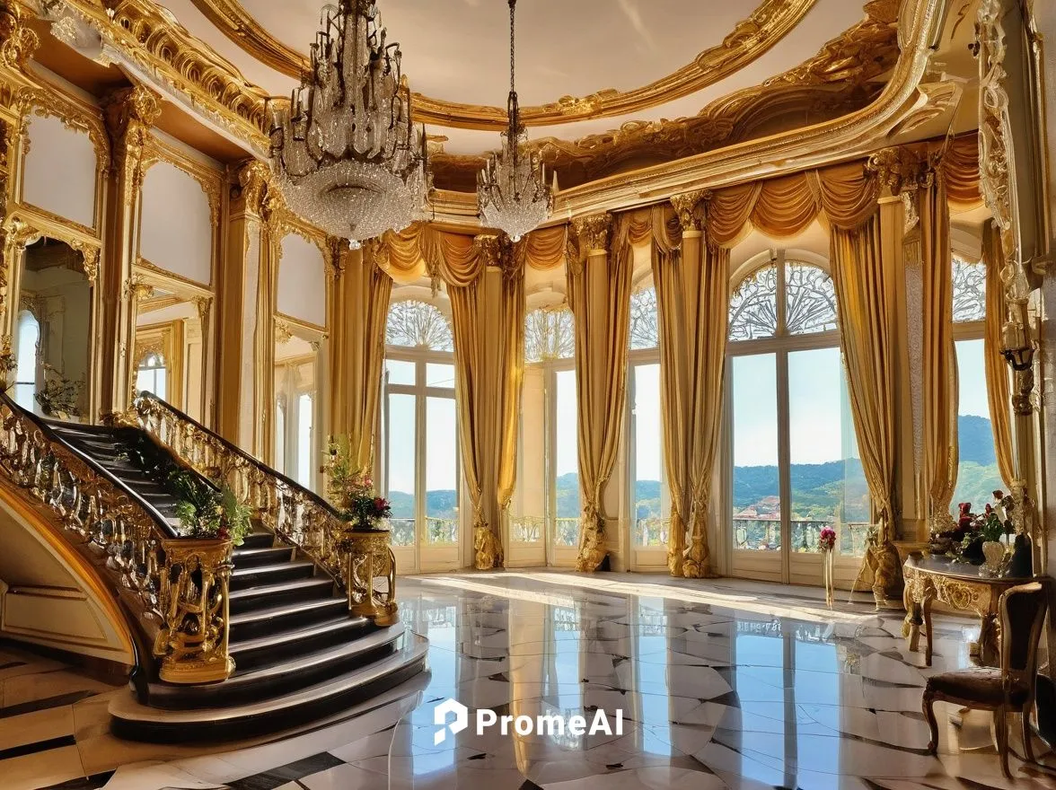 Ornate French Rococo palace, grandiose golden decorations, intricate carvings, ornamental moldings, pastel color schemes, delicate balconies, curved lines, asymmetrical facades, grand staircases, crys