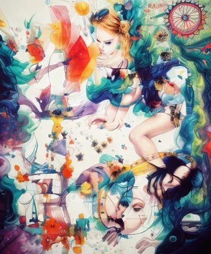 KEEP THE BACKGROUND ABSTRACT BUT WITH SOME DEPTH,alice in wonderland,vintage fairies,wonderland,alice,pin-up girls,fairy world,psychedelic art,playmat,watercolor pin up,fabric painting,pin up girls,or