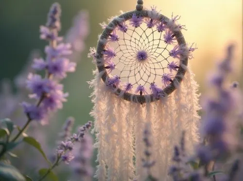 Lavender dreamcatcher, soft pastel hues, wispy floral patterns, delicate tendrils, cascading purple blooms, gentle morning light, warm beige accents, creamy whites, subtle silver highlights, romantic 