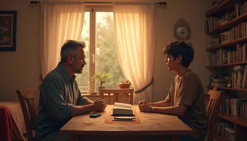 a man and boy sitting at a table in the middle of a room,hikikomori,commerical,thms,papanasam,counting frame,anterograde