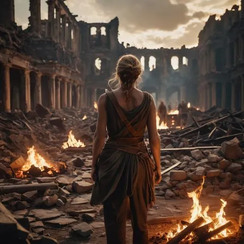 rome 2,pompeii,ancient rome,athena,torch-bearer,justitia,elaeis,gladiator,the ancient world,destroyed city,fire background,pompei,girl in a historic way,in the colosseum,trajan's forum,theater of war,trajan,ruin,ashes,spartan,Photography,General,Cinematic