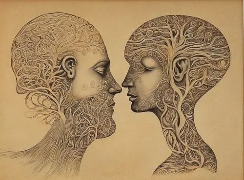 surreal  2 heads,man and woman,two people,vintage man and woman,couple - relationship,man and wife,into each other,face to face,dualism,couple,amorous,intertwined,heads,gemini,connection,couple in lov