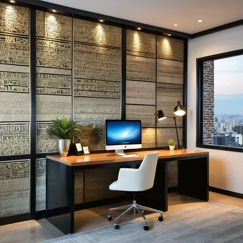 Design a workstation for an office building that features wall art, wallpaper, and a separate crystal wall blending French Industrial Chic style with touches of old Egyptian design. For wall art, incl