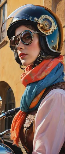 Steampunk, rococopunk, insanely detailed colorful portrait motorcycle rider, motorcycle helmet, goggles, scarf. Coby Whitmore, Margaret Keane, Ray Caesar, Lichtenstein, Fragonard. Cinematography Rober