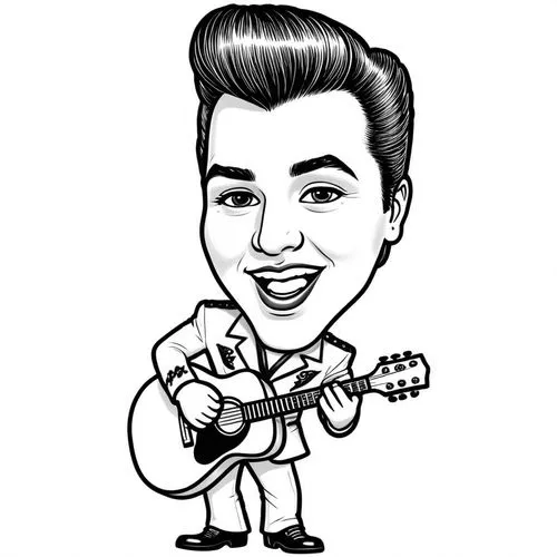 pencil drawing style  Julius Leblanc Stewart Caricature style drawing of a celebrity, big head, small body, exaggerated facial expressions. A 3D animated character resembling Elvis Presley, wearing a 