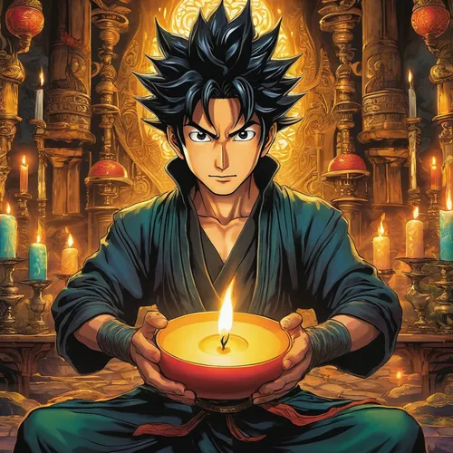 son goku,goku,takikomi gohan,kame sennin,sakana,qi-gong,shakyamuni,kai-lan,shinkiari,candlemaker,akashiyaki,bakwan,jin deui,cg artwork,saji,the eternal flame,sōjutsu,takuan,fire background,diya,Illustration,Japanese style,Japanese Style 05