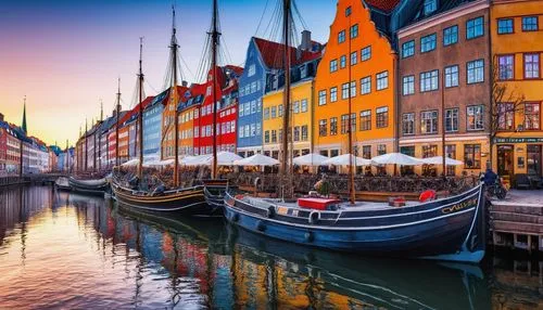 Copenhagen, Denmark, Nordic architecture, colorful buildings, ornate facades, steeply pitched roofs, tall spires, grand canals, Nyhavn harbor, vibrant waterfront, old sailing ships, moored boats, pede