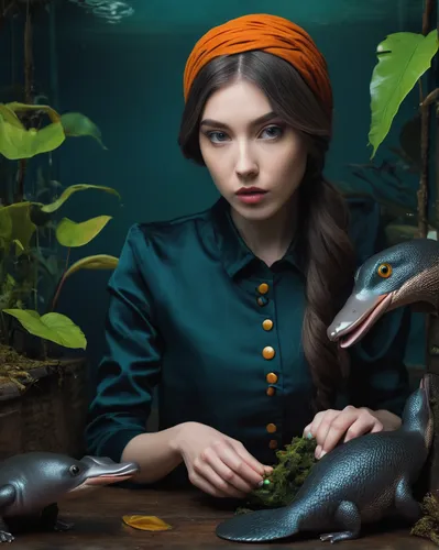 girl with a dolphin,woodland salamander,fantasy picture,pacific newt,ornamental fish,fantasy portrait,true salamanders and newts,forest fish,california newt,dusky salamander,aquatic animals,electric eel,aquarium inhabitants,fairy tale character,underwater background,spring salamander,biologist,photomanipulation,fantasy art,salamander,Photography,Artistic Photography,Artistic Photography 12