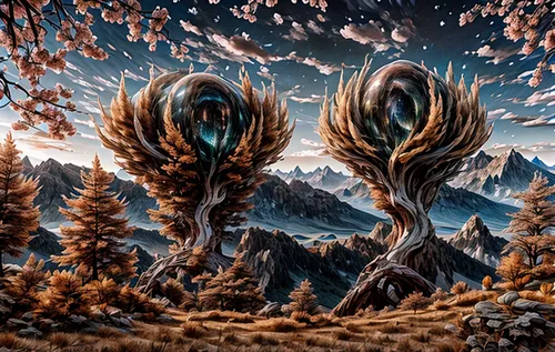 autumn mountains,fantasy art,mushroom landscape,nine-tailed,mountainous landforms,fantasy landscape,fractals art,fantasy picture,larch trees,mountainous landscape,alien planet,mountain landscape,larch forests,fractal environment,world digital painting,alien world,the spirit of the mountains,the landscape of the mountains,mountain scene,mountains