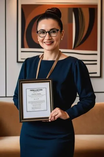 Modern residential interior, certified designer, mature lady, 30s, professional attire, glasses, neat bun, minimal makeup, standing, holding a certificate, smiling, proud expression, elegant posture, 