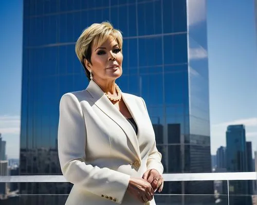 Kris Jenner, mature lady, elegant posture, short blonde hair, subtle makeup, pearl necklace, luxurious business suit, high heels, standing confidently, modern skyscraper, glass and steel structure, ur