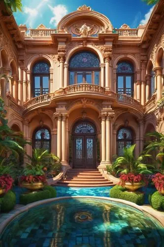 Elegant tour architecture, grand entrance, symmetrical facade, intricately carved stone walls, ornate balconies, stained glass windows, majestic pillars, lavish fountain, vibrant flower beds, lush gre