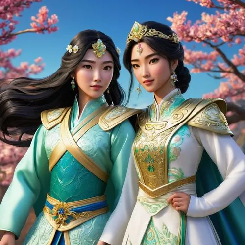 mulan,kimjongilia,hanbok,plum blossoms,jasmine blossom,asian culture,korean culture,inner mongolian beauty,ao dai,twin flowers,jasmine flowers,spring blossoms,asian vision,oriental princess,asian costume,chinese background,spring festival,shuanghuan noble,taiwanese opera,novruz,Illustration,American Style,American Style 07