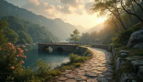 wooden bridge,scenic bridge,stone bridge,river landscape,fantasy landscape,landscape background,hiking path,world digital painting,dragon bridge,pathway,walkway,hangman's bridge,bridge,beautiful landscape,nature landscape,alpine landscape,old bridge,the mystical path,angel bridge,landscape nature,Photography,General,Realistic