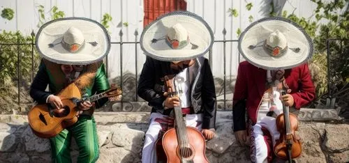 3 mariachis mexicanos Vestidos de verde blanco y rojo, con la cabeza agachada Observando un plato de tacos, sosteniendo una guitarra un bandolón y un violín ,mariachi,traditional korean musical instru