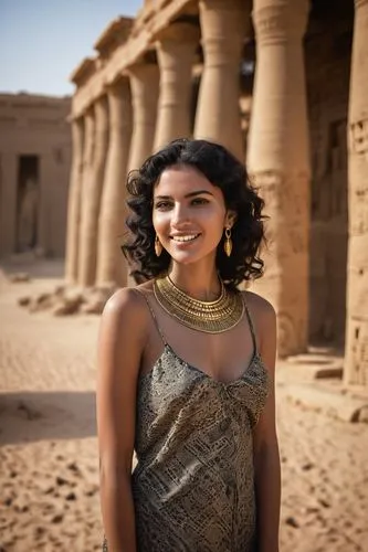 full body shot of a young woman egiptian, ((wavy black hair to the side of his neck)), round face, beautiful face, tanned, serene expression, shy smile, gold necklace and large earrings, in a former e