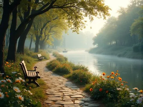 tranquility,quietude,river landscape,calmness,tranquillity,park bench,spring morning,idyll,beautiful landscape,landscape background,wooden bench,towpath,landscape nature,serenity,quietness,nature landscape,peacefulness,restful,garden bench,bench,Photography,General,Realistic