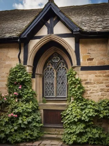 Poulton-le-Fylde, English countryside, rural village, medieval architectural style, stone-built cottages, steeply pitched roofs, ornate wooden doors, flower-filled window boxes, ivy-covered walls, win