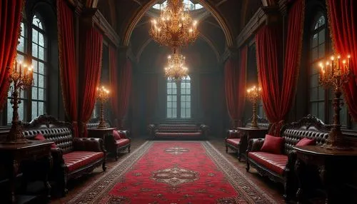 Luxurious Gothic hotel lobby, grand chandelier, intricate stone carvings, mysterious ambiance, heavy velvet drapes, dark red patterned carpet, ornate wooden furniture, tufted leather sofa, lavish curt