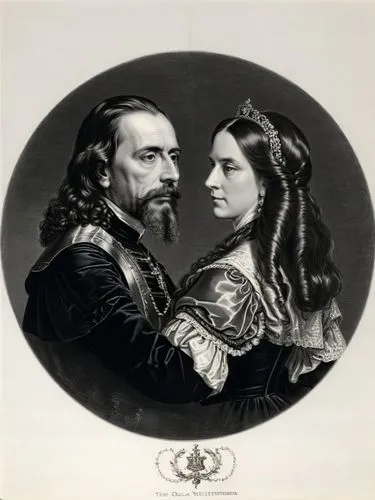 Official steel engraved double portrait of Their Majesties King Charles I and Queen Olga of Württemberg.,a portrait of a man and woman with long hair,francella,teplitz,koevermans,aliados,winterhalter,