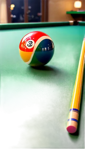 Billiard ball, solo, shiny surface, colorful, 3D reflection, detailed texture, cue stick in background, green table cloth, dramatic lighting, low-angle shot, cinematic composition, shallow depth of fi