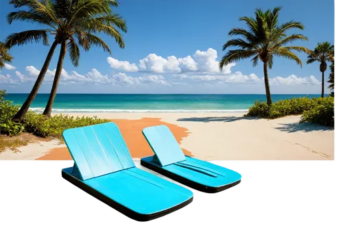 Seaside landscape, Myrtle Beach, sunny day, blue sky, white clouds, palm trees, beach chairs, colorful umbrellas, sandy shore, calm ocean waves, surfboard, sunglasses, flip flops, tropical plants, 3/4