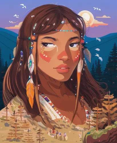 native american girl with warpaint under her eyes, beads and feathers in her hair, and a mountain forest scene below and infront of her., colorful,cherokee,native american,american indian,cheyenne,poc