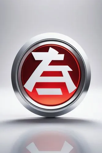 Logo, Japanese style, modern, minimalist, bold font, red circle, white Kanji character, simple, 3D effect, shiny surface, metallic material, reflective lighting, close-up shot, centered composition, b