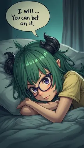 Draw in anime style 1 only: a nerdy, glasses-wearing, horned, green-haired, evil druid girl, tucked into bed laying on her side. Her eyes are open. She looks alert. A large speech bubble says, "I will