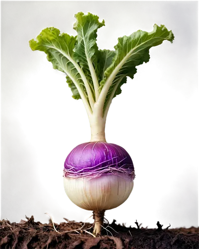 Turnip, root vegetable, white and purple skin, green leafy top, rounded shape, solitary, (close-up), detailed texture, earthy tone, soft natural light, shallow depth of field, 3/4 composition, warm co