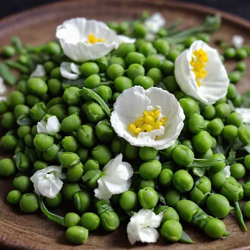 English Peas with Cider Dressing, Goat Cheese and Flowers,fragrant peas,peas,watercress,snow peas,pea,green soybeans,mung beans,celery and lotus seeds,edamame,garden cress,mung bean,wild garlic butter