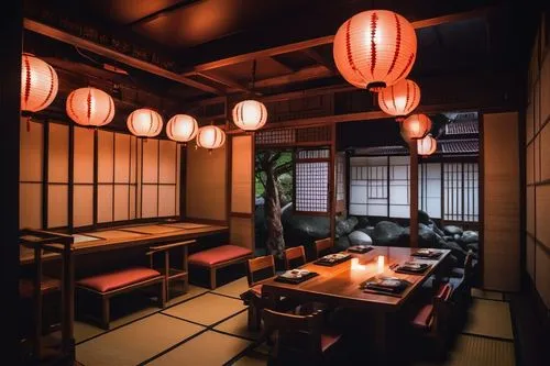 japanese-style room,japanese restaurant,teahouse,izakaya,ryokan,teahouses,dojo,yakitori,baoli,kaiseki,japanese cuisine,ryokans,red lantern,urumchi,shogun,japanese paper lanterns,mokichi,gion,shinto,yatai,Illustration,Realistic Fantasy,Realistic Fantasy 47