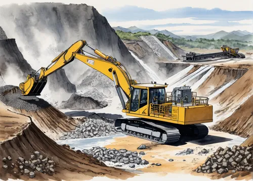 excavator, tier 3 setup, hydraulic machinery, gold mining, water jets, conveyor belts, advanced filtration system, metal sluice, shiny gold nuggets, rich soil, industrial pipes, steel structures, heav