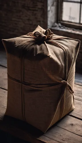 Craft a suspenseful story revolving around a mysterious package wrapped in brown fabric, discovered in an abandoned warehouse.,jute sack,paper bag,kraft paper,brown paper,burlap,sackcloth textured,pap