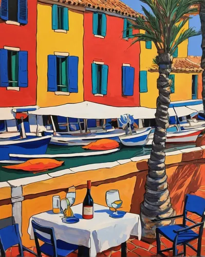 italian painter,sicilian cuisine,mediterranean,bistrot,gondolier,mediterranean cuisine,acqua pazza,beach restaurant,watercolor cafe,portofino,burano,bistro,mediterranean food,lido di ostia,sicily,lipari,oil painting on canvas,art painting,boats in the port,positano,Conceptual Art,Oil color,Oil Color 25