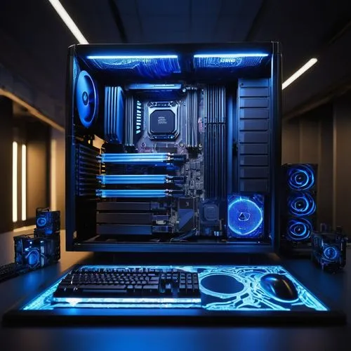 fractal design,computer workstation,blue light,pc tower,computerized,computer art,xfx,3d render,computer graphic,pc,cyanamid,prebuilt,bluelight,computer room,old rig,computer case,vega,supercomputer,cinema 4d,computer,Illustration,Abstract Fantasy,Abstract Fantasy 04