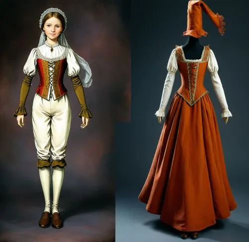 Paper doll one solo medieval noble women in white blouse ,grey tight legging with brown boot on the left standing with a headless faceless fashion mannequin clothing item set of elegant medieval noble