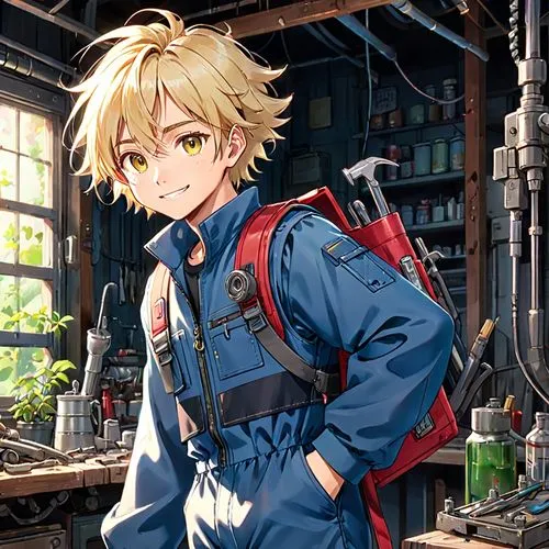 darjeeling,darjeeling tea,anime japanese clothing,meteora,blacksmith,craftsman,refinery,cg artwork,fullmetal alchemist edward elric,gunsmith,warehouseman,violet evergarden,blue-collar worker,mechanic,astronomer,bicycle mechanic,anime boy,handyman,everett,denim background,Anime,Anime,Traditional