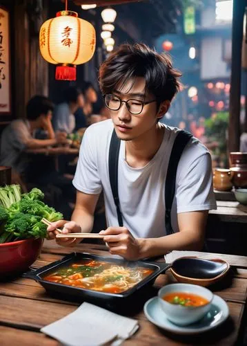 Hot pot, AI art maker, young male, messy hair, black-rimmed glasses, casual wear, white T-shirt, ripped jeans, sneakers, holding a digital drawing tablet, surrounded by scattered papers, empty tea cup