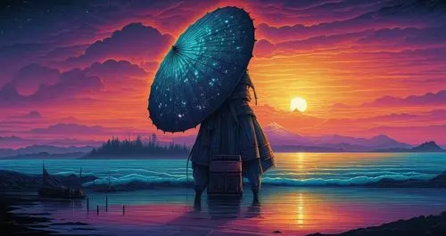 the painting shows a person holding an umbrella at sunset,ufo,futuristic landscape,sailboat,boat landscape,surfboard,alien ship,ocean paradise,sail boat,shipwreck,ocean,horizon,fantasy picture,mushroo